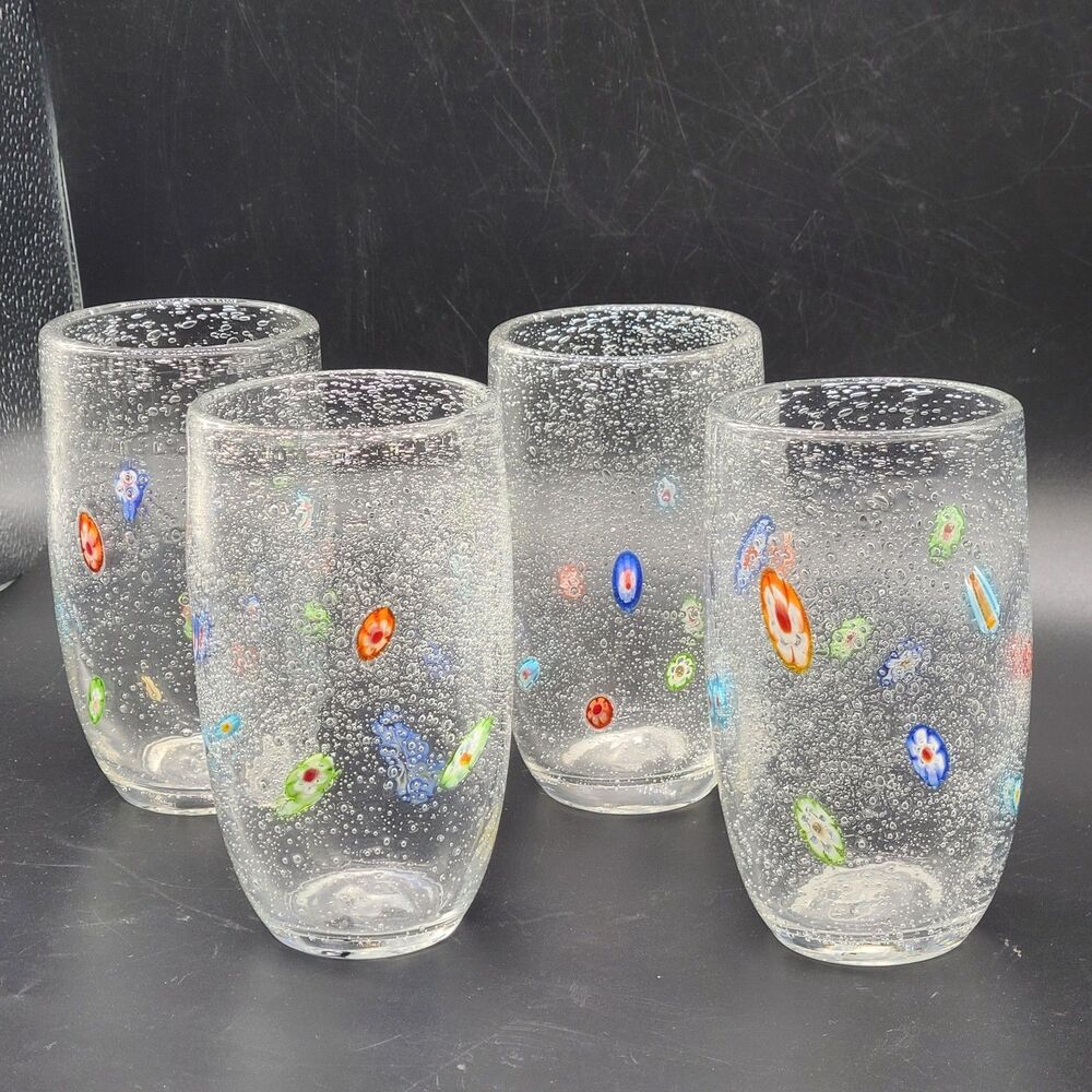 RARE ARTLAND set (4) Millefiori Highball Clear bubbled glasses 5.5" High